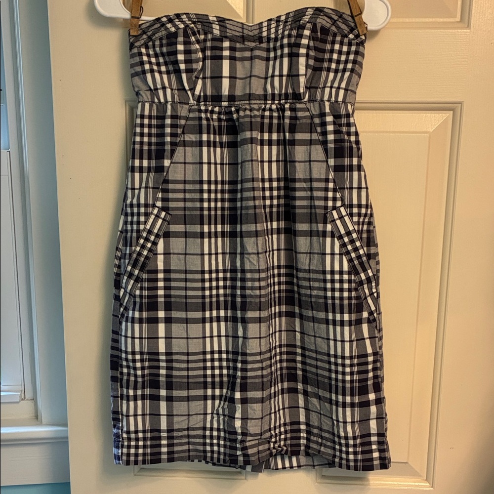 Y2K American Eagle Outfitters Size 6 Navy Plaid Strapless Dress Pockets Cotton